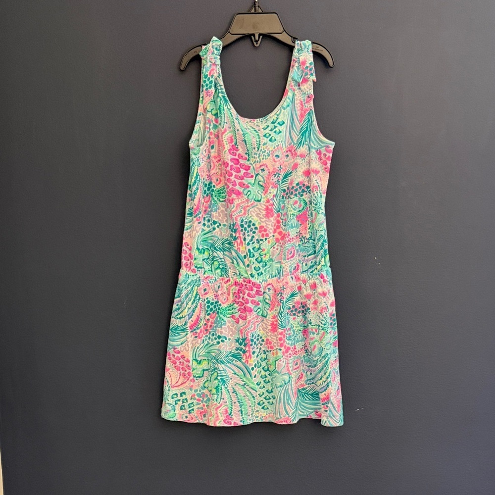 Lilly Pulitzer girls Sleeveless Tropical Print Dress Pink Green Resort. Size M